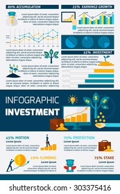 Investment statistic grows climbing motion and stake protection or accumulation flat color infographics vector illustration