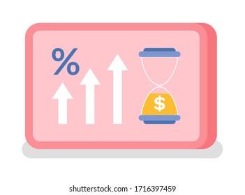 Estadísticas de inversión en gráficos vectoriales, vidrio de tiempo con signo de dólar y arena dorada, porcentaje y flechas en alza, depósito de punta de flecha y dinero ahorrando estilo plano