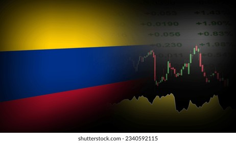 Concepto de negocios de inversión, acciones y divisas. Mercado financiero en Colombia. Fondo de la línea de precios, presupuesto de cambio de precios, gráfico de candeleros y Bandera de Colombia.