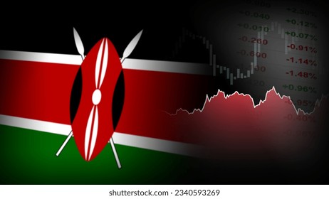 Investment, stock, and foreign exchange business concept. Financial market in Kenya. The background of Price line, Price change quotation, Heikin-ashi chart, and Flag of Kenya.