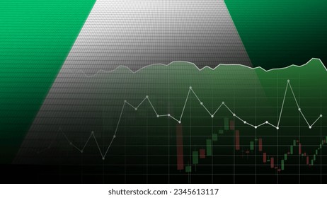 Concepto de negocios de inversión, acciones y divisas. Comercio en el mercado financiero de Nigeria. Marca con textura de pantalla pixelada y fondo de gráfico de precios.