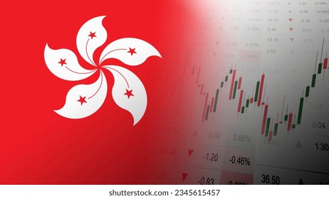 Investment, stock, and foreign exchange business concept. Financial market trading in Hong Kong. Flag with burlap texture and Price chart background.