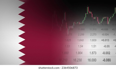 Investment, stock, and foreign exchange business concept. Financial market trading in Qatar. Flag with burlap texture, Candlestick chart, and Price quotation background.