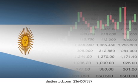 Investment, stock, and foreign exchange business concept. Financial market trading in Argentina. Flag with burlap texture, Candlestick chart, and Price quotation background.