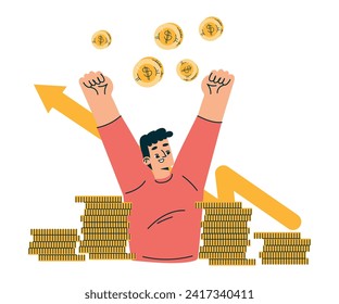 Investment in Stock with Man Character Cheering Raised Hands Up Trading Gaining Profit Vector Illustration