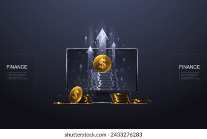 Concepto de inversión y mercado de valores. Un monitor digital abstracto de computadora con una moneda de dólar de oro, pila de monedas y flechas de crecimiento hacia arriba. Aumentar los ingresos de fondo de tecnología. Ilustración vectorial.