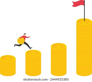 Investment in stock market, savings to achieve financial goal, power of compound interest, collecting wealth, young adult office man carrying money coin jumping on compound money stack.

