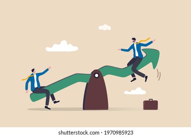 Investment Stock Market Volatility, Financial Asset Value Going Up And Down Or Profit Growth Rising Up Concept, Businessman Sit On Balance Seesaw Green Arrow Graph Lift Up Other Guy Soaring.