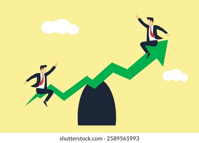 Investment stock market volatility, financial asset value going up and down or profit growth rising up concept, businessman sit on balance seesaw green arrow graph lift up other guy soaring.