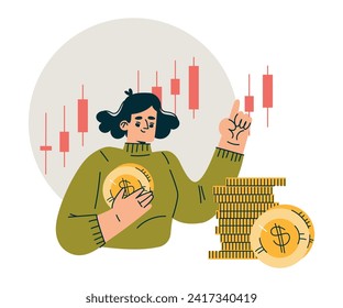 Investment in Stock with Woman Character at Candlestick with Coin Trading Gaining Profit Vector Illustration