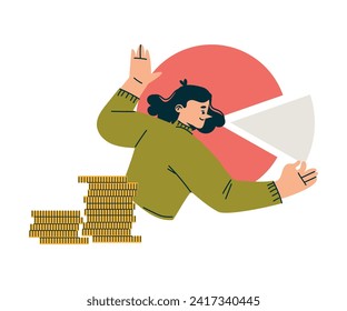 Investment in Stock with Woman Character at Pie Chart and Coins Trading Gaining Profit Vector Illustration