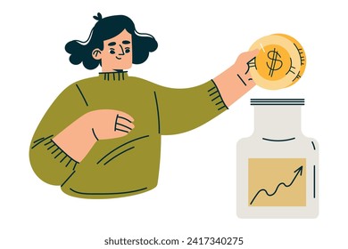 Investitionen in Aktien mit weiblichen Charakter Put-Coin in Jar Safe Cash Trading Gewinn Gewinn Vektor Illustration