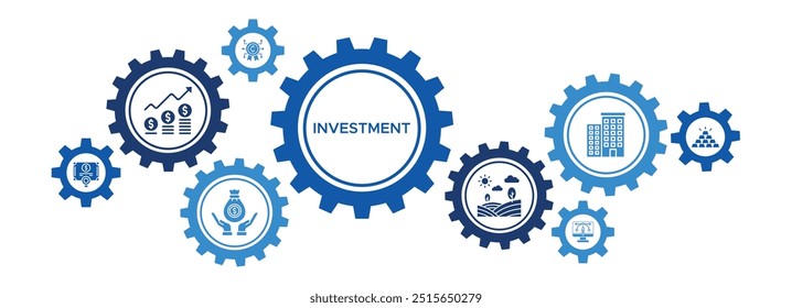 Investment Strategies Banner Vector Concept Featuring Icons for Stocks, Bonds, Real Estate, Mutual Funds, and Cryptocurrencies