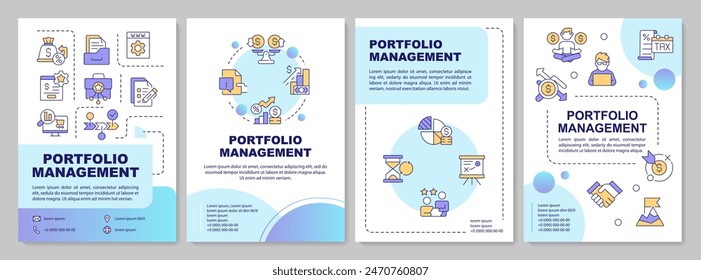 Estrategias de inversión beneficia la Plantilla del folleto de gradiente azul. Diseño de folleto con iconos lineales. Editable 4 diseños de Vector para presentación, informes anuales. Arial-Bold, Myriad Fuentes Pro-Regular utilizadas