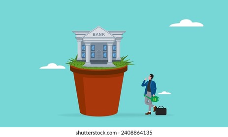investment strategies for business growth. Capital benefits of investment banking. Credit cards and loan products for businesses, businessman with watering pot thinking about watering bank plants