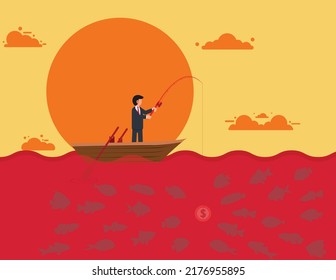 Investment strategies and ideas. Businessman standing on a boat and fishing with coins, Ideas to attract money and investments