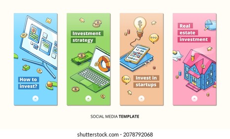 Investment strategies, invests in startup isometric cards. Laptop and pc monitor with data graphs and charts, real estate, smartphone, light bulb. Income analysis 3d vector line art vertical banners