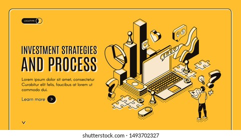 Investment strategies and process isometric web banner. Businessman stand at huge laptop with business icons and charts, financial instruments for money wealth growth 3d vector landing page, line art
