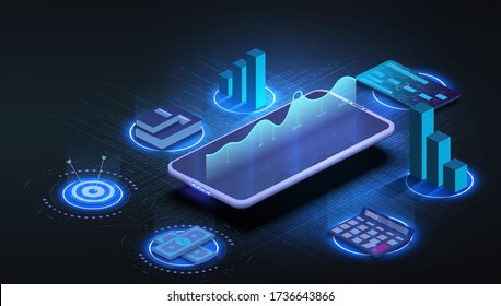 Investment strategies and process isometric web banner. Phone with business icons and charts, financial instruments for money wealth growth. Auditing, business analysis concept. Illustration isometric