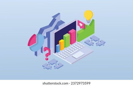 Investment strategies and process isometric web banner. laptop with business icons and charts, financial instruments.on blue background.3D design.isometric vector design Illustration.