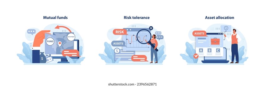 Estrategias de inversión establecidas. Gestión diversa de carteras con fondos mutuos, evaluación de riesgos de mercado y asignación óptima de activos. Tomar decisiones financieras informadas. Ilustración vectorial plana