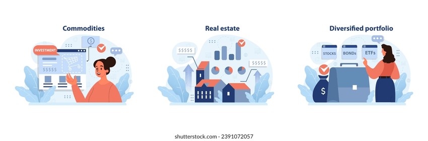 Investment strategies set. Enthusiastic woman explores commodities, focused man evaluates real estate potential, and a professional weighs diversified portfolio options. Flat vector illustration.