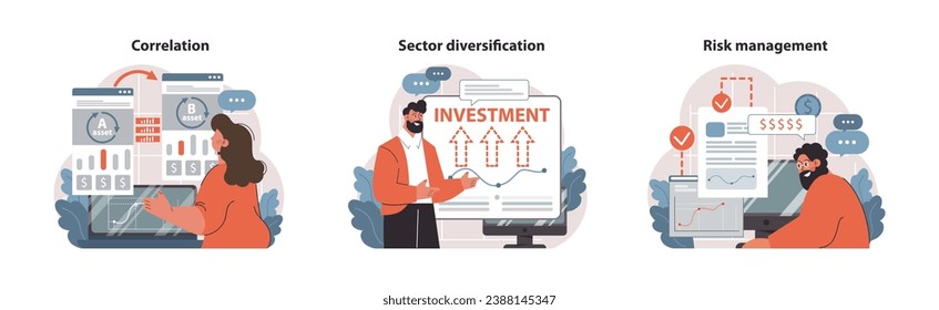 Investment strategies set. Professionals discuss correlation, sector diversification, and risk management. Correlation between assets, diversified investing, secure financial decisions. Flat vector