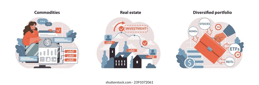 Investment strategies set. Woman analyzing commodities, growth in real estate, and managing a diversified portfolio. Commodities trading, real estate growth and diversified assets. Flat vector