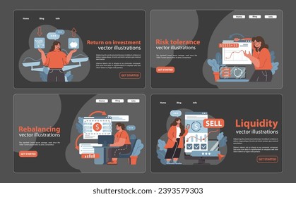 Investment strategies set. Woman visualizes ROI growth, assesses financial risks, recalibrates her assets, and ensures cash flow. Smart decisions, secure future. Flat vector illustration