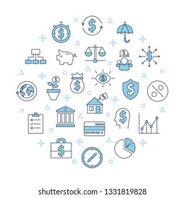 Investment strategy banner. For Business app icons, capital growth, security of deposits poster concept round banner Financial investments, money budget elements template.  Web symbols office flat