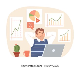 Concepto de estrategia de inversión. El hombre de negocios plano piensa en el crecimiento de las ganancias en el gráfico, gráfico, diagrama de fondo. Encantador personaje de gerente con portátil. Ilustración vectorial de la cuota de mercado de dibujos animados.