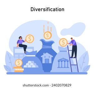 Investment Strategy concept. Visual representation of diversification as a key to risk management in asset allocation. Allocation of resources to various asset. Flat vector illustration