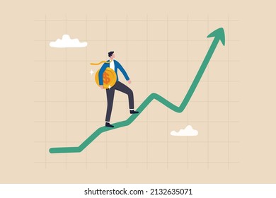 Investment strategy to earn money, plan to invest or wealth management for profit, financial planning, market analysis concept, businessman investor holding big money coin walk up rising graph.