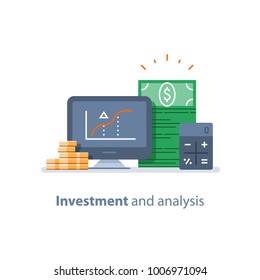 Investment strategy, financial analysis, hedge fund, venture business, mutual fund, trust management, interest rate, capital growth, data review on desktop, stock market and exchange, accountancy icon