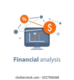 Investment strategy, financial analysis, hedge fund, venture business, mutual fund, trust management, interest rate, capital growth, data review on desktop, stock market and exchange, accountancy icon