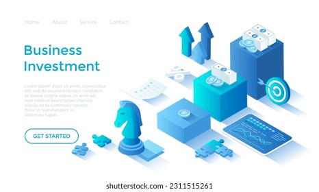 Investment strategy. Financial success from investing. Profit growth steps. Isometric illustration. Landing page template for web on white background.	
