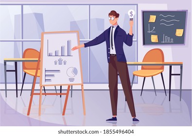 Anlagestrategie flache Komposition mit Bürolandschaft und männlicher Figur mit Barcharts, Vektorgrafik