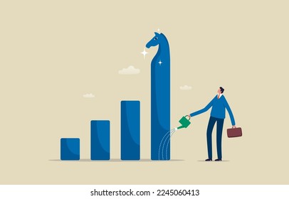 Investment strategy. Grow your business. Bar graph Business Stock market Profit Economy. 
Businessman pouring water into a bar graph. Illustration