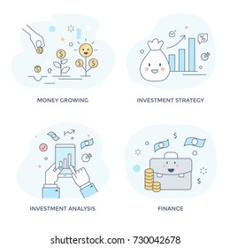 Investment strategy and growing money concept icons, line flat design