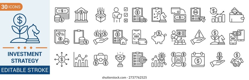 Investment Strategy icon collection set. Containing solution, wallet, budget, money, m-banking, investment, grow up and more. Illustration Eps 10
