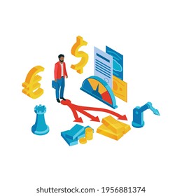 Investment and strategy isometric composition with human character and currency icons on white background vector illustration