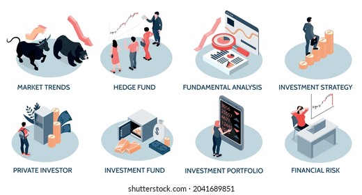 Investment strategy isometric concept 8 isometric compositions with market trend bull bear symbols risks analysis vector illustration