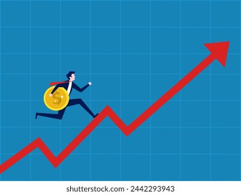 Investment strategy to make money. Businessman holding a coin running up on a growing graph 
