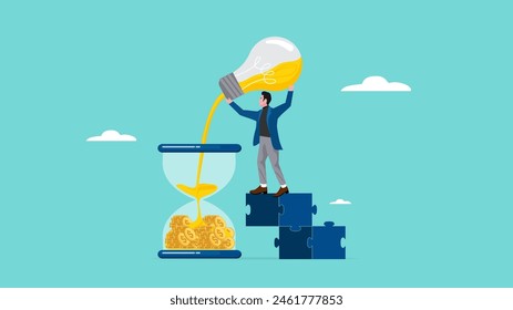 estrategia de inversión, innovación de inversión rentable a largo plazo, idea para ganar dinero, inventar ganancias de una nueva idea, empresario vierte ideas de bombillas en un reloj de arena para obtener ganancias más tarde