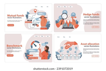 Investment strategy set. Dive into mutual funds, magnifying hedge funds intricacies, measuring benchmarks, and allocating assets. Informed financial decisions. Flat vector illustration