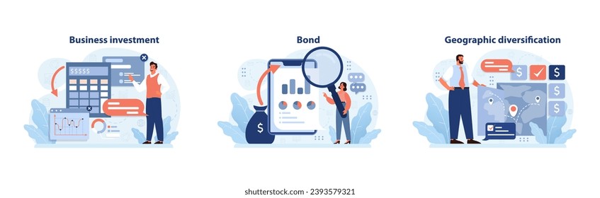 Investment strategy set. Exploring business growth, analyzing bonds, and ensuring geographic asset spread. Business prospects, financial evaluation, and global market reach. Flat vector illustration