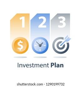 Investment strategy, time is money, coin and clock, fast loan, financial credit providing, payment installment, asset allocation, vector icon