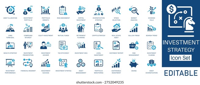 Investment strategy and wealth management solid glyph icon set. Vector symbols for portfolio growth, asset allocation, mutual funds, stock market, compound interest, and trading.