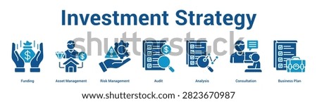 Investment Strategy web banner icon set vector illustration concept for business with icon of Funding, Asset Management, Risk Management, Audit, Analysis, Consultati.