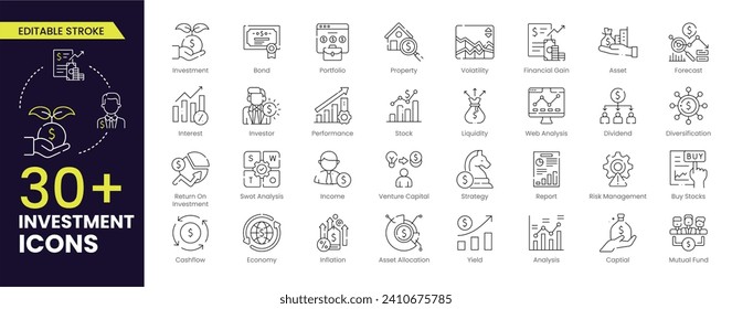 Investment stroke icon set. Containing investor, mutual fund, asset, Stock, risk management, economy, financial gain, Investor, interest and stock icons. Stroke icon collection.